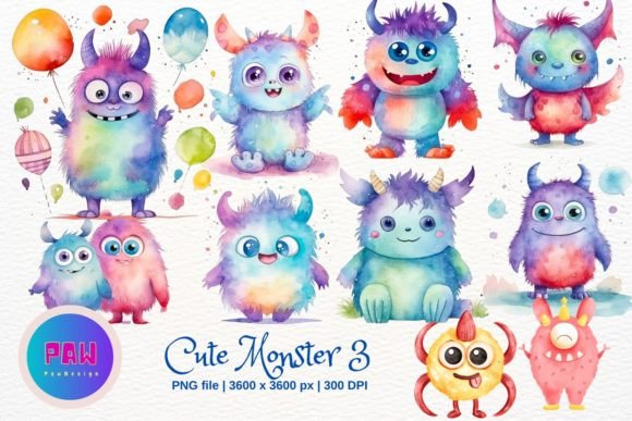 Download Cute Monster 3 Watercolor Sublimation - Monster Collection