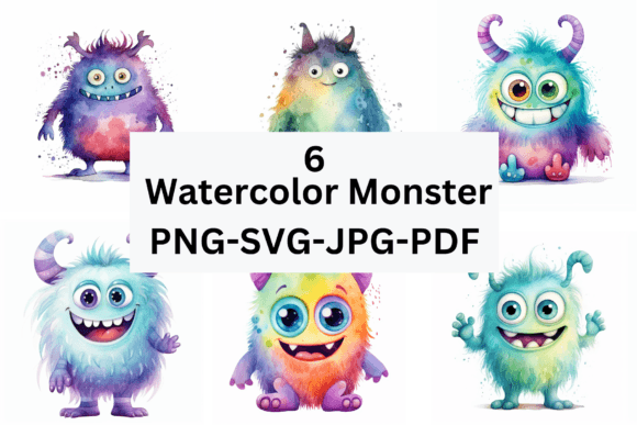 Download Watercolor Cute Monster PNG-JPG-SVG-PDF - Monster Collection