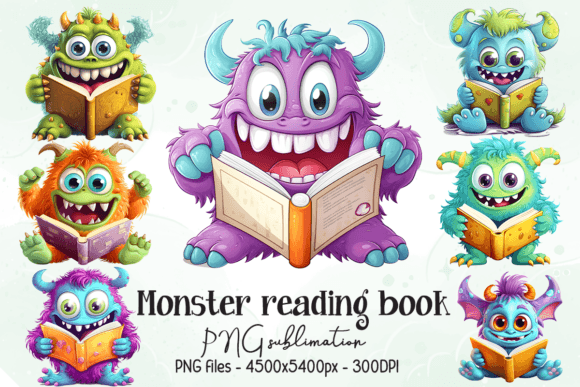 Download Cute Monster Reading Book PNG Design - Monster Collection