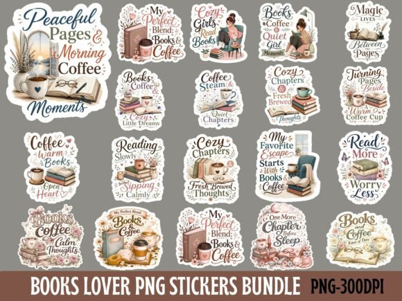 Download Books &amp; Coffee Lover Png Stickers Bundle - Stickers Collection